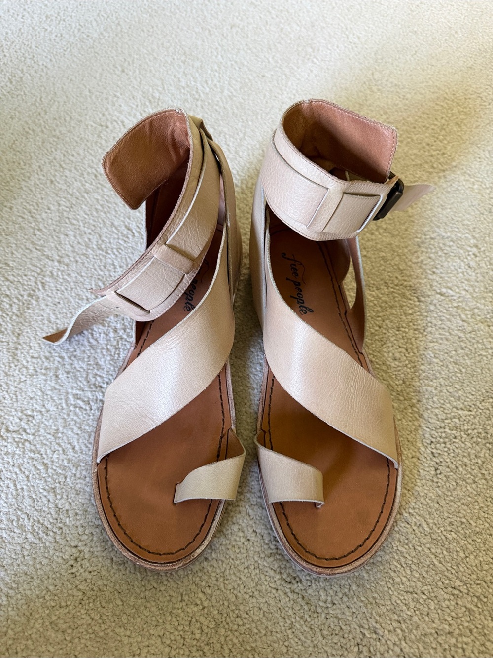 Free People Blush Beige Leather Crisscross Ankle-Strap Sandals